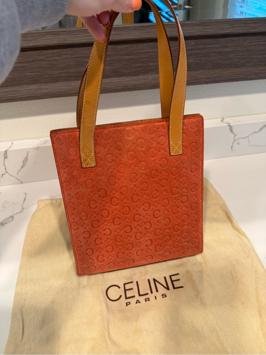 Celine Handbags - Celine Orange Suede Tote with Tan Leather Handles